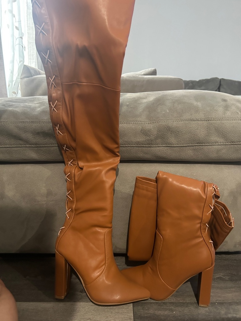 Miss Lola Over-the-Knee & Ankle Block Heel Boots in Cognac